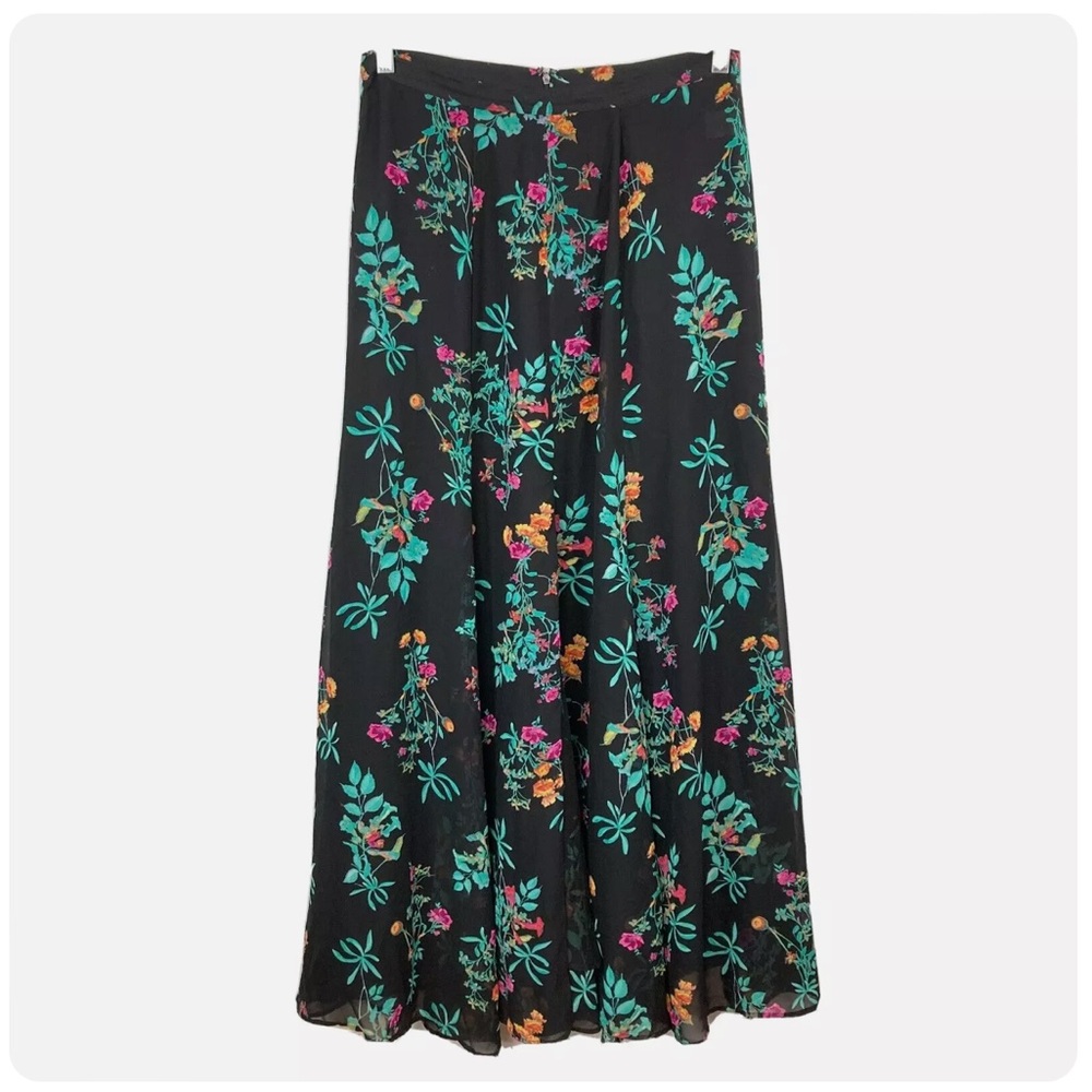 Eva Mendes NY & Co Skirt Womens Sz XL Black Teal Floral Chiffon Maxi Zip Slit